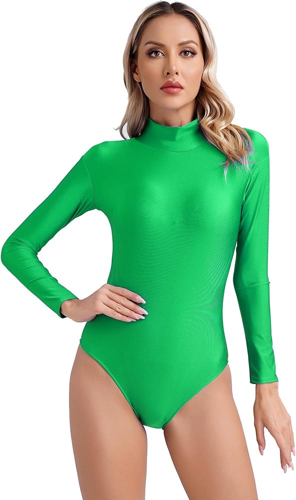 Womens Mock Neck Long Sleeve Gymnastics Leotard Zipper Back Stretchy Bodysuit Tops for Training