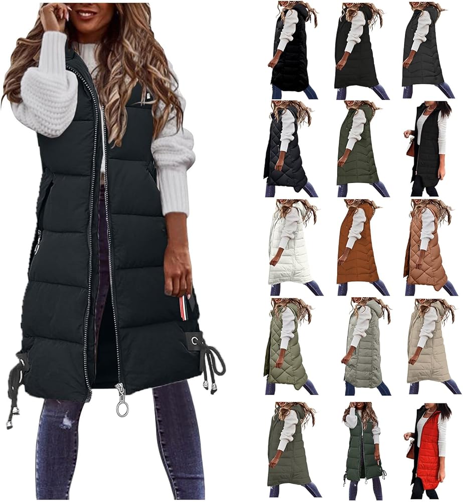 Womens Hooded Coats Long Puffer Vest Jackets Winter Down Coats Sleeveless Warm Zip Up Casual Soild Outerwear