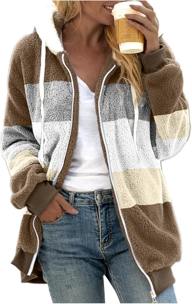 Womens Winter Fuzzy Fleece Jacket Color Artificial Wool Zipper Drawstring Long-Sleeved Hoodie Sweater Coats for De