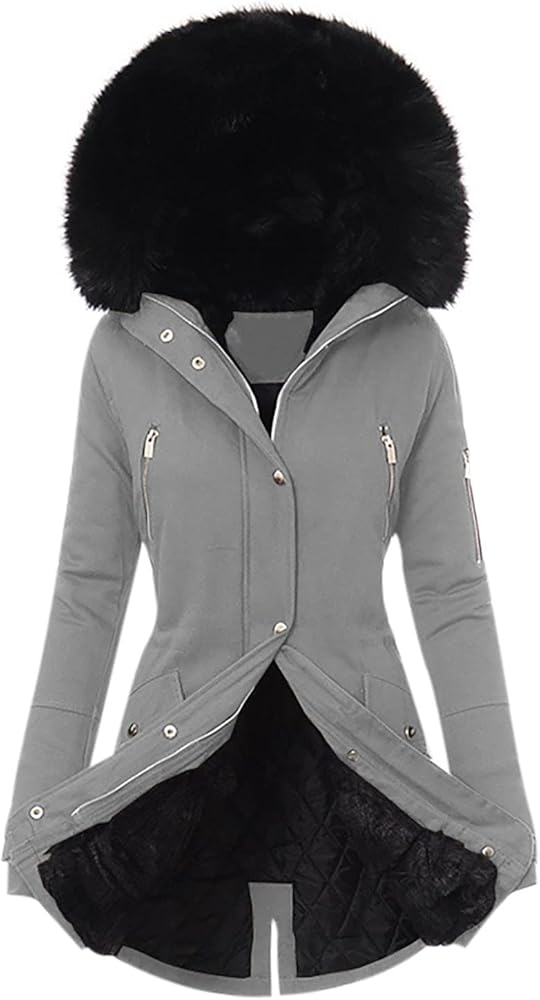 Womens Sherpa Linend Winter Coats Warm Heavy Jackets Thickened Windproof Outerwear with Fur Hood Zip up Coat with Pocket