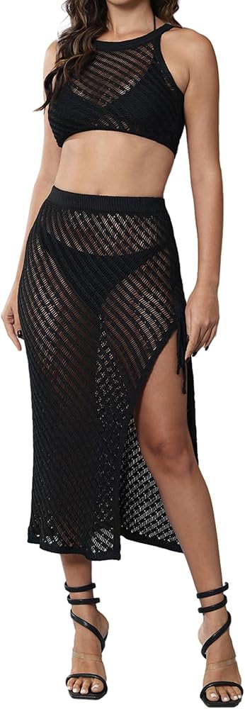 Women 2 Piece Swimsuit Cover ups Crochet Hollow Out Swim Cover Up Bikini Swimwear Knit Mesh Tunic Beach Set Dress 2024