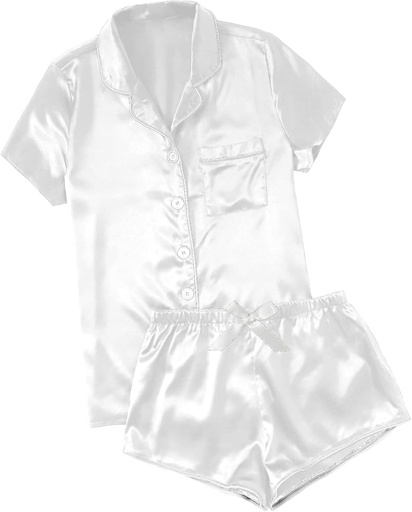 WDIRARA Women's Sleepwear Satin Short Sleeve Button Shirt and Shorts Pajama Set