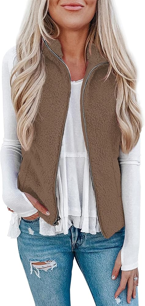 LOMON Womens Fuzzy Sherpa Fleece Jacket Lightweight Vest Cozy Sleeveless Cardigan Zipper Waistcoat Outerwear with Pocket