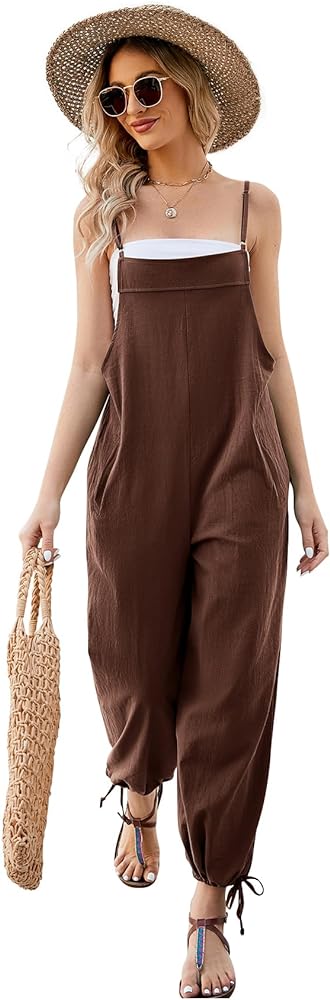 PEHMEA Overalls for Women Loose Fit Cotton Linen Jumpsuit Adjustable Strap Wide Leg Pants with Pockets