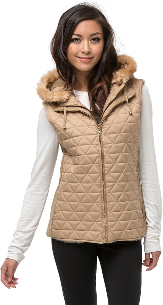 Women's Quilted Padding Faux Fur Lining Detachable Hood Vest (JZV065F)