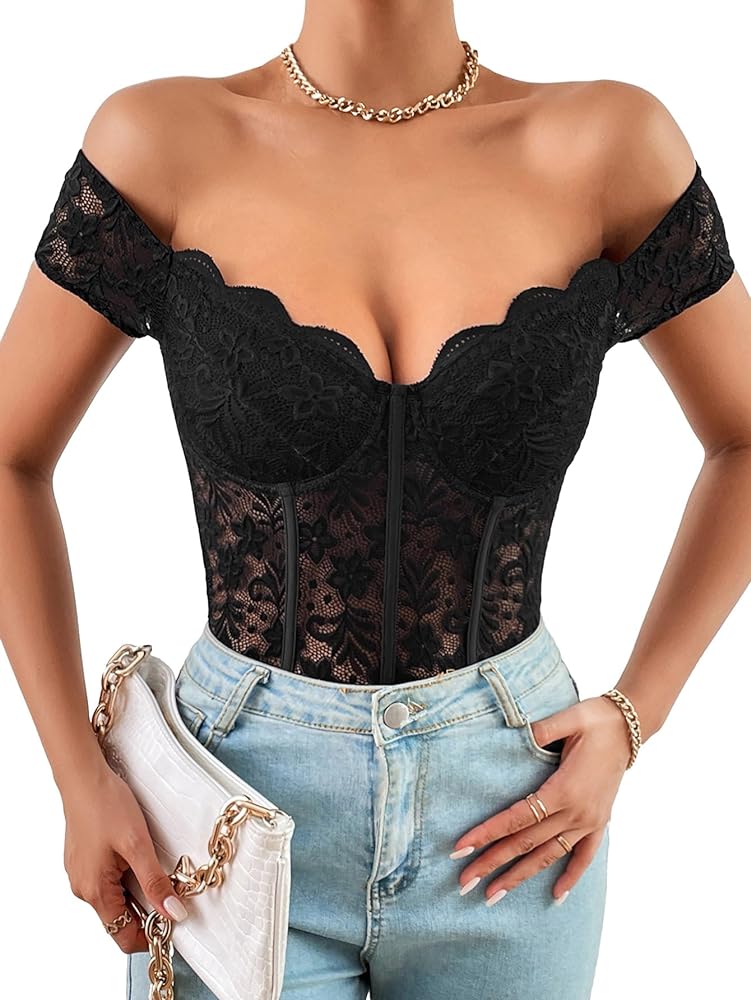 Milumia Women's Off Shoulder Lace Corset Bodysuit Top Scallop Trim Bustier Bodysuit T-Shirt