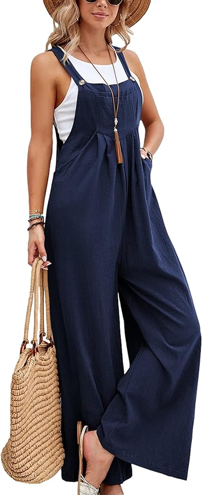 Women's Overalls Jumpsuit Casual Loose Cotton Linen Adjustable Strap Wide Leg Jumpsuit Outfits with Pockets