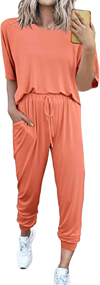 Two Piece Sets for Women Summer Solid Short Sleeve Tops and Pants with Pockrts Suits Lounge Tracksuits