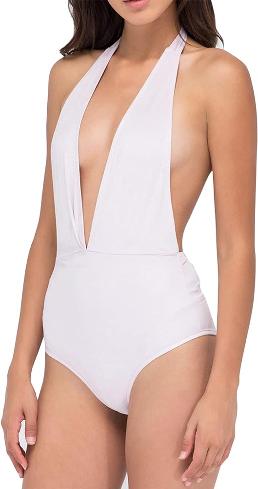 May&Maya Women's Plunging Deep-V Neckline Sleeveless Halter Bodysuit Leotard,White Tops,