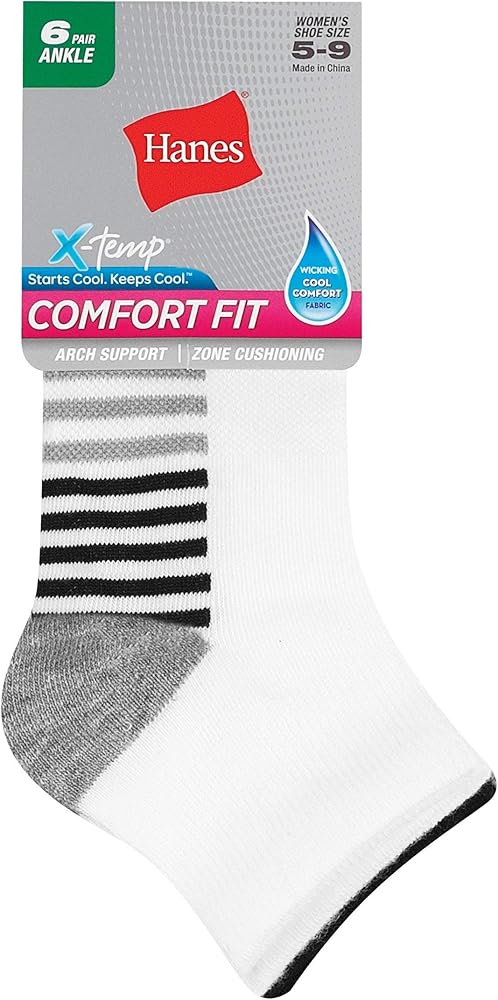 Hanes Womens Cool Comfort Sport 6-Pack Ankle Socks, 10-12