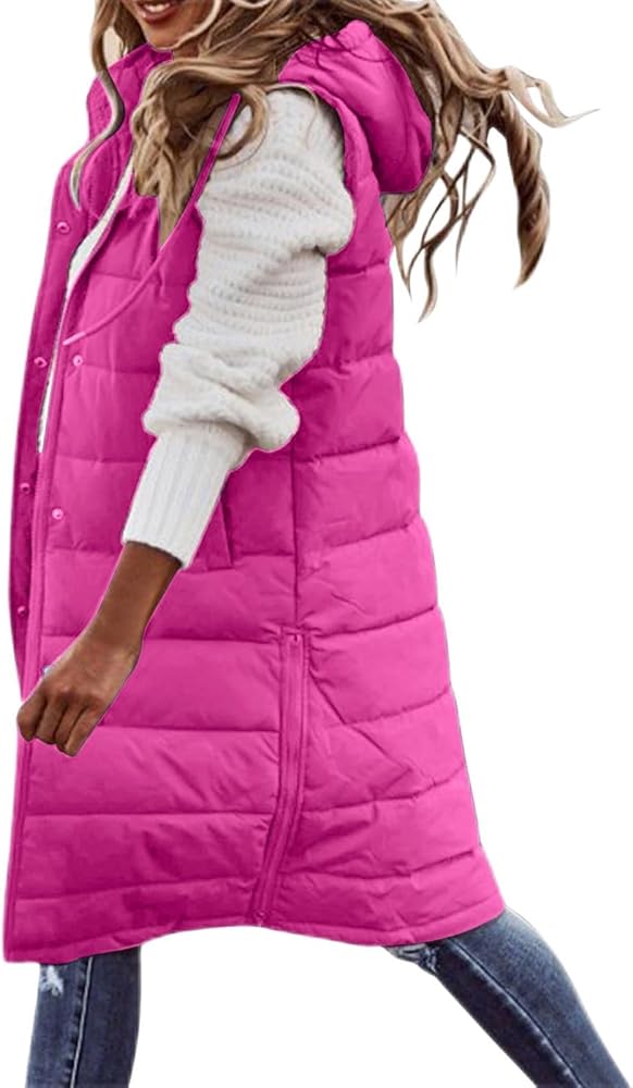 SHOPESSA Womens Warm Winter Coat Drawstring Hooded Puffer Coat Long Length Thickened Down Vest Coat Snow Jackets for Women