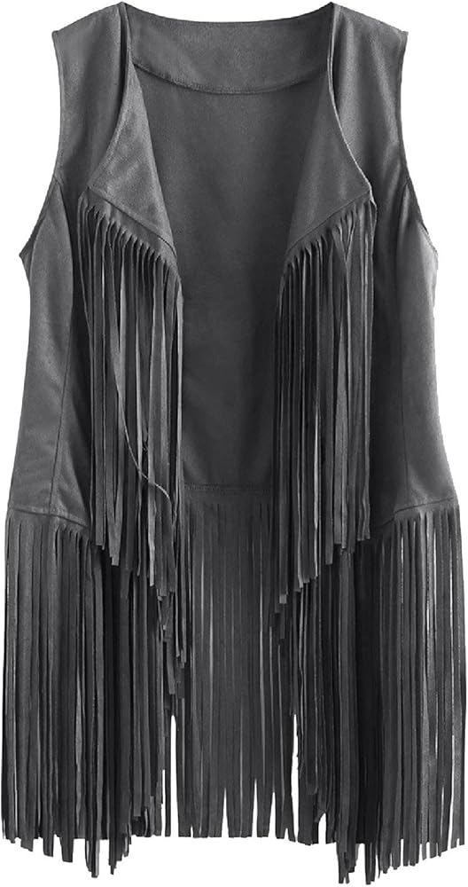 Stessotudo Women’s Fringe Hippie Cardigan Tassels Faux Suede Sleeveless Vest Open Front Plus Size 70s Vintage Cowgirl Jacket