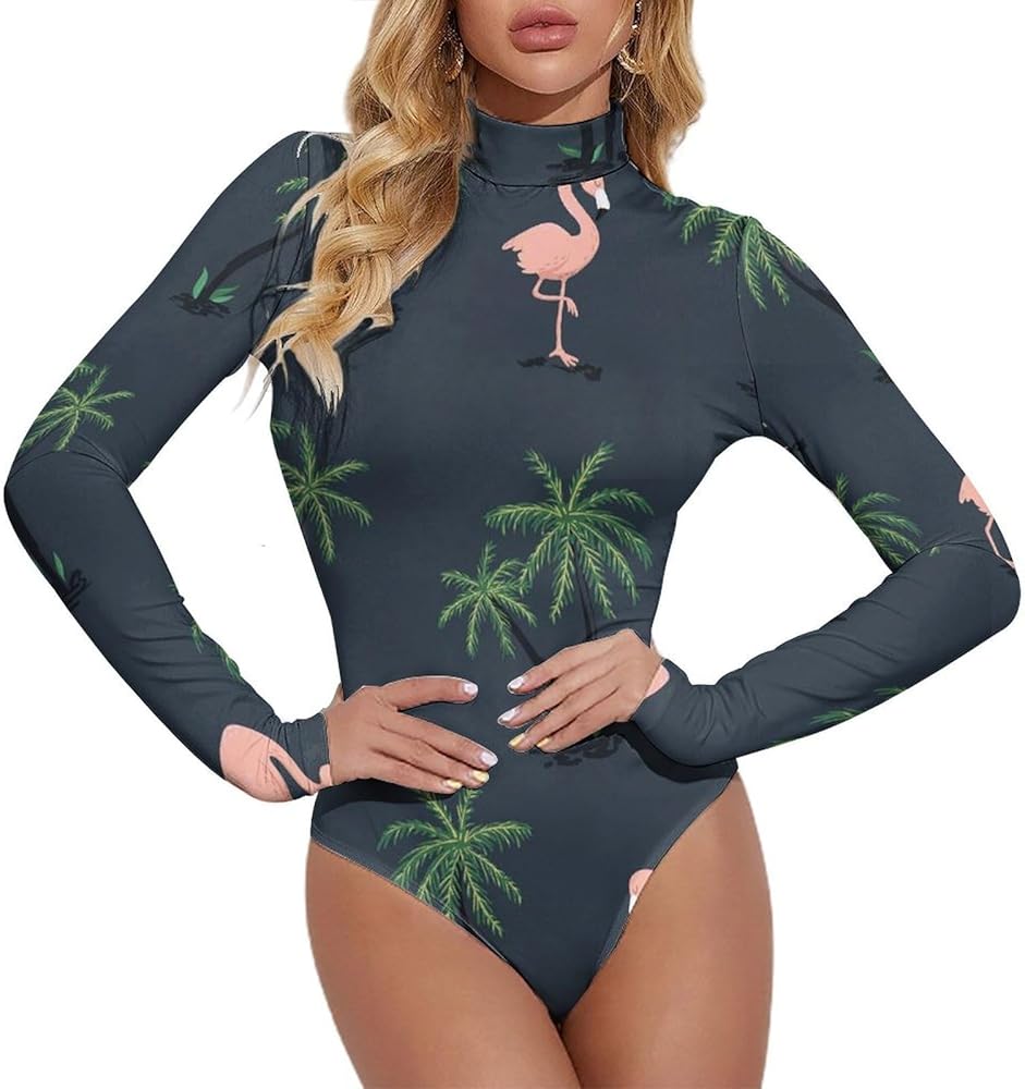 Pink Flamingo Birds And Palm Trees Women's Bodysuit Tops Turtle Neck Long Sleeve Jumpsuit Print T Shirt