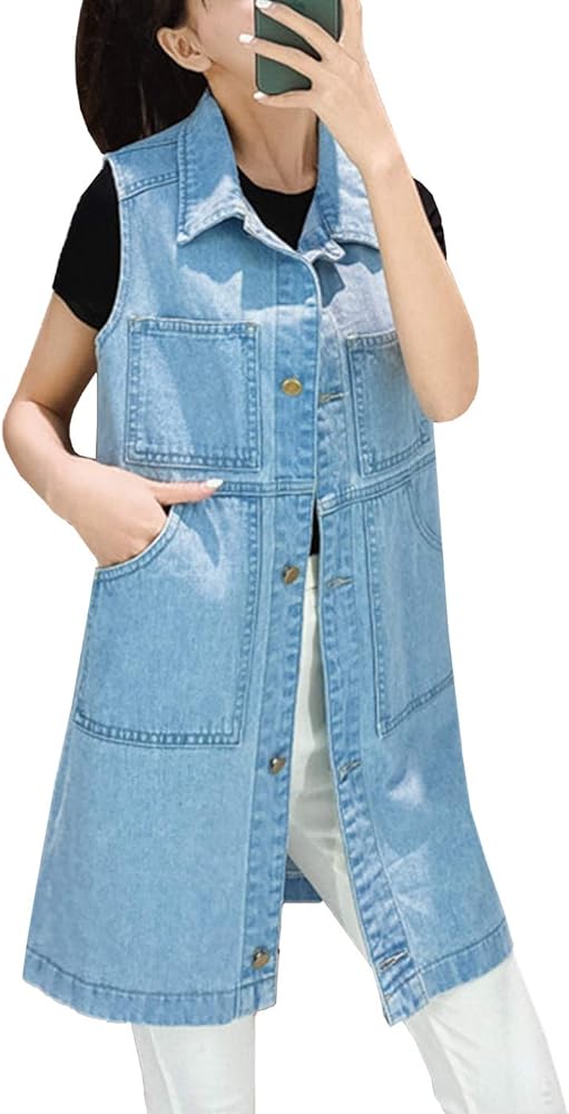 Flygo Womens Vintage Lapel Distressed Sleeveless Mid Long Denim Jean Vest Jacket (Small, Light Blue)