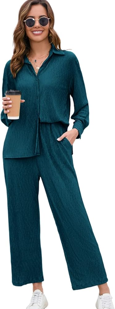 BLUEMING Women Two Piece Casual Outfits Y2K Loungewear Pleated Wide Leg Pants Long Sleeve Button Down Shirt Streetwear Set Dark Green XL