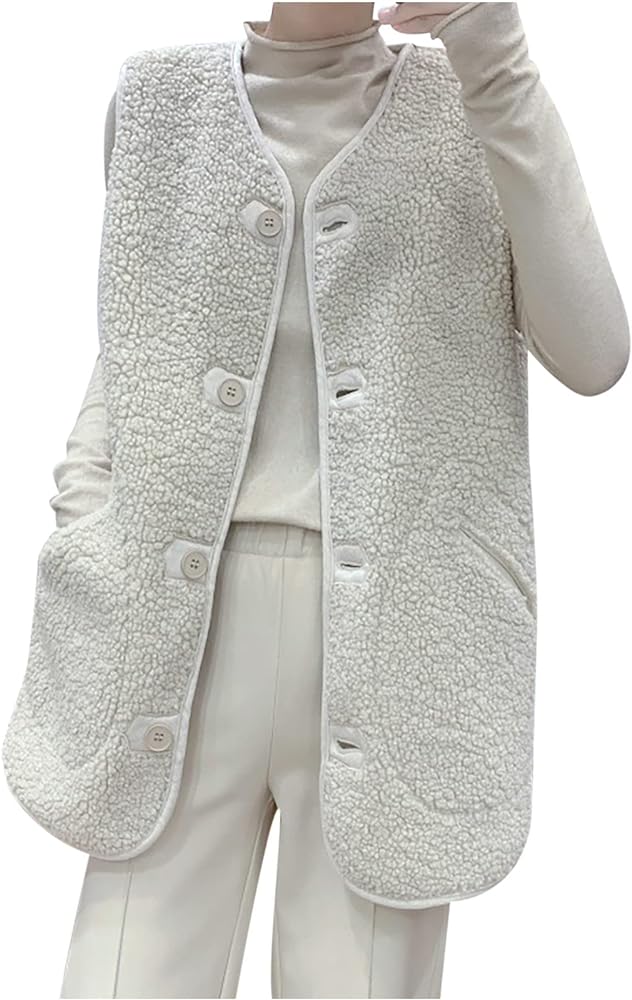 Button Down Furry Fleece Tunic Vest Women Winter Solid Comfy Elegant Fluffy Faux Waistcoat Sleeveless Teddy Gilet