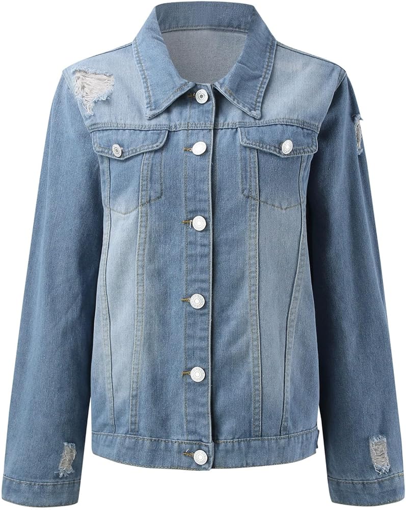 2023 Women’s Denim Jackets Trendy Button Up Shacket Fall Spring Long Sleeve Jean Coats with Pockets Fashion Denim Coat