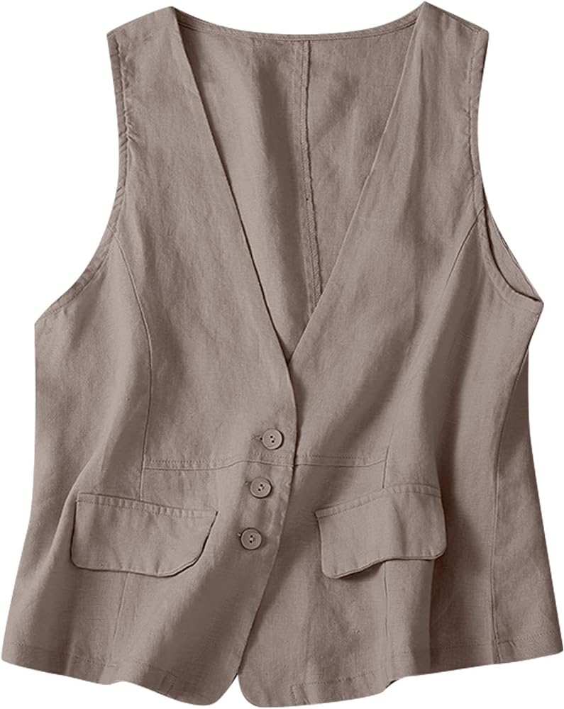 COTECRAM Cotton Linen Vest for Women 2023 Fashion Sleeveless Button Down Jacket Lightweight Summer Loose Vests Outerwear