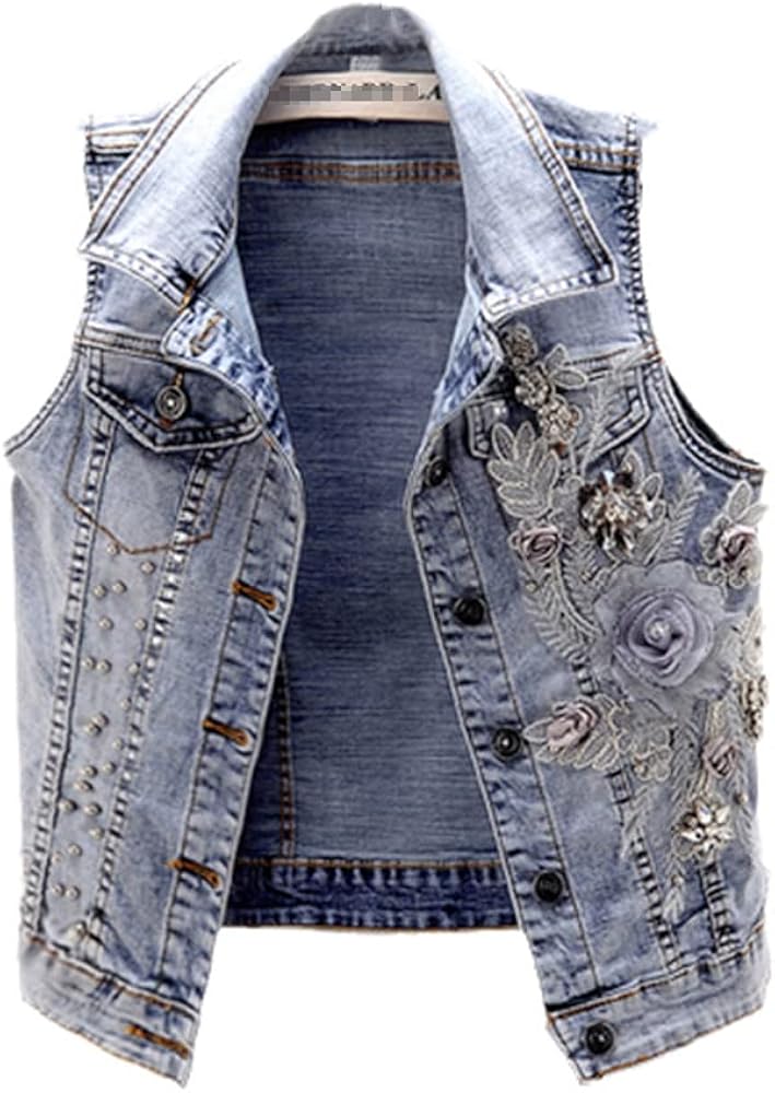 Women Sleeveless Denim Vests Jackets Flowers Embroidery Rhinestone Beading Fashion Jean Waistcoat Female