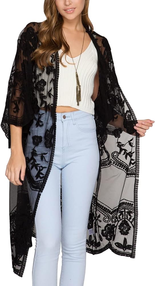 FaroDor Women's Flowy Bathing Suit Kimono Cardigan Lace Crochet Swimwear Floral Cover Ups