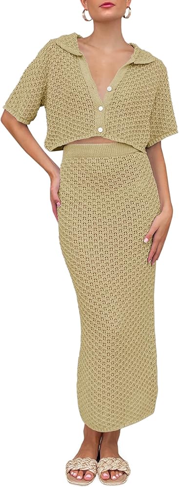 Saodimallsu Women Crochet Beach Cover Up Set Knit Crop Button Short Sleeve Collar Top Bodycon Long Skirt 2 Piece Outfits