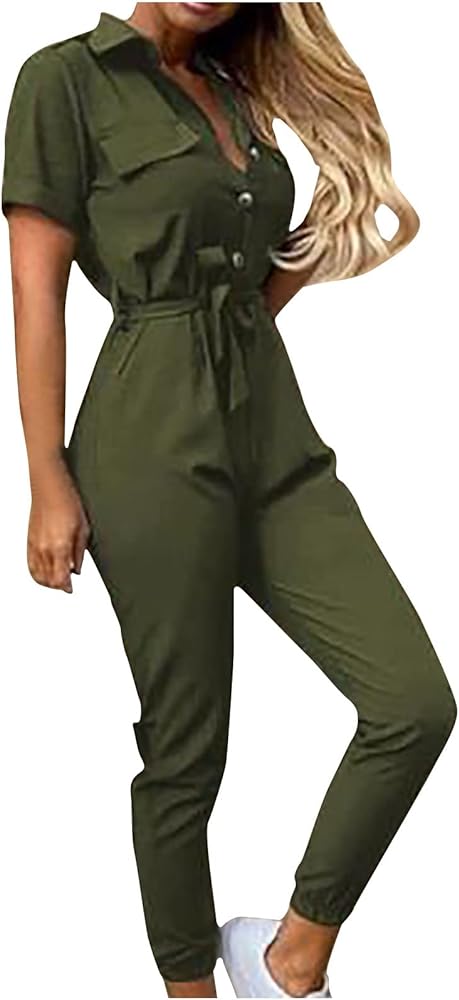 Women's Short Sleeve Collared Cropped Coverall V Neck Button Down Tie Waist Cargo Jumpsuit Stretchy Casual Work Romper