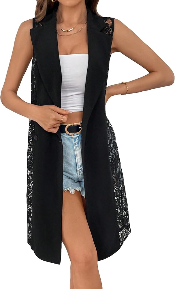 WDIRARA Women's Contrast Lace Long Vest Blazer Double Breasted Lapel Neck Sleeveless Knitted Jacket Waistcoat