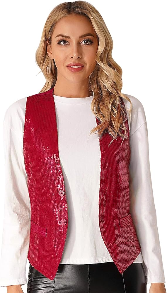 Women's Shiny Sequined Vest Sleeveless V-neck Waistcoat Open Front Jacket Coat Vest Tops