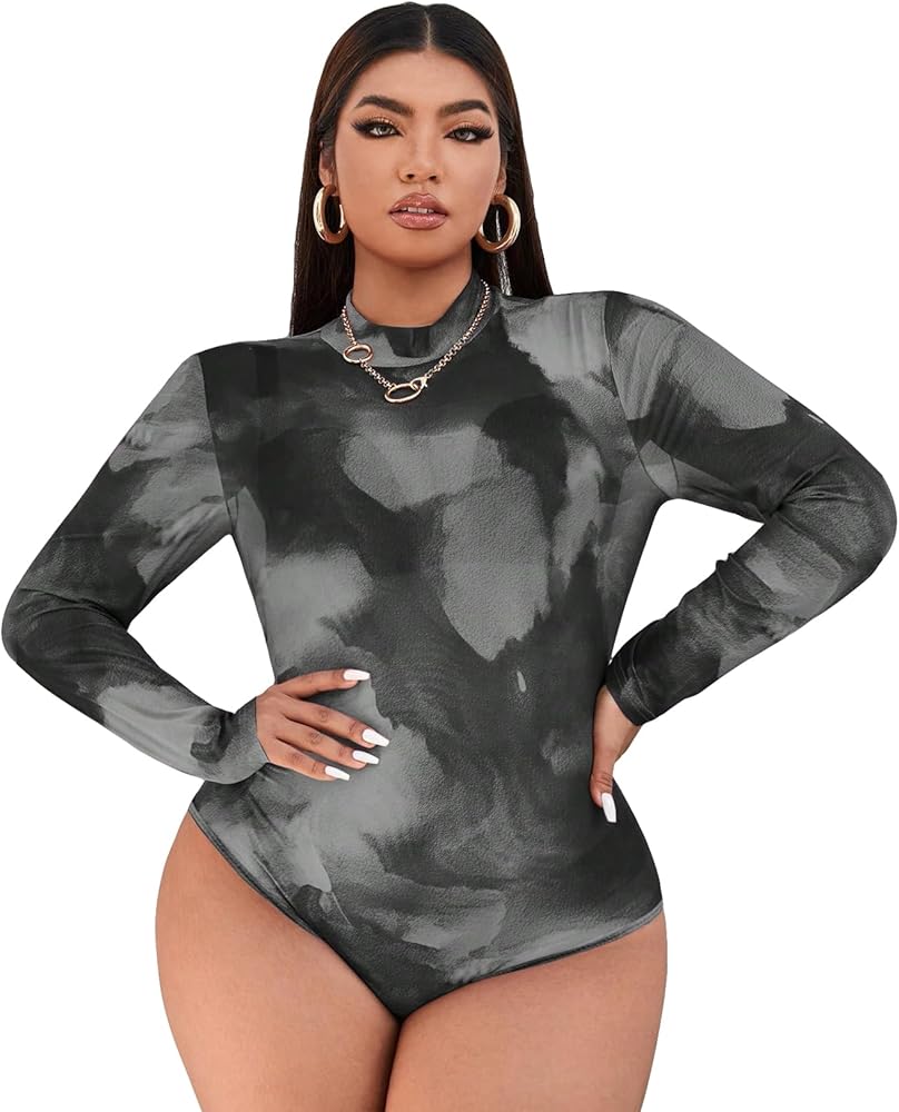 Milumia Women's Plus Size Tie Dye Mesh Bodysuit Long Sleeve Mock Neck Slim Fit T Shirts Tops