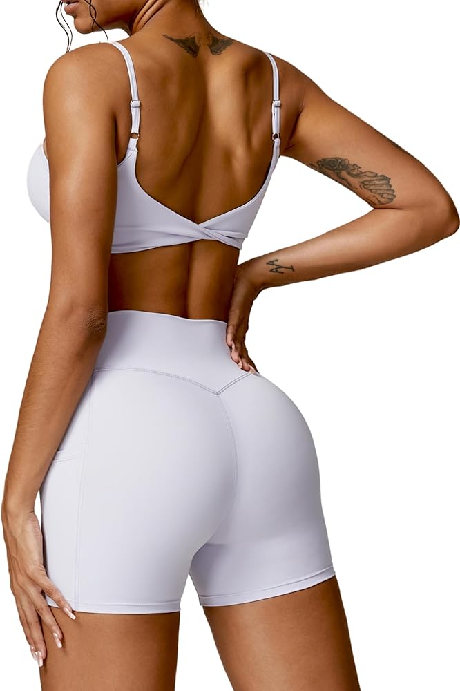 IWEMEK Womens Workout Sets 2 Piece Twist Waist High Waist Biker Shorts with Shorts Sports Bra Gym Outfit