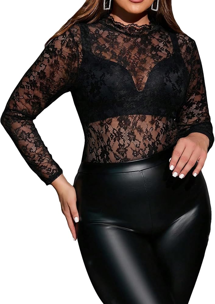 Milumia Women's Plus Size Lace Long Sleeve Bodysuit Sexy Mock Neck Sheer Tee Shirts Tops