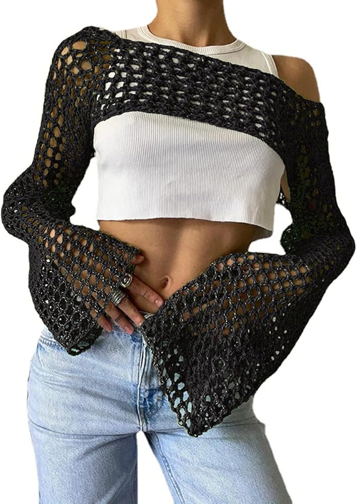 Women's Knit Crochet Crop Tops Long Sleeve Beach Cover Ups Hollow Out Off-Shoulder Y2K Pullover Sweater T-Shirt