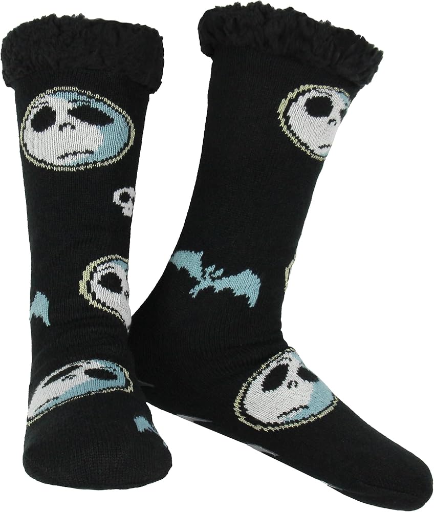 Disney The Nightmare Before Christmas Jack and Bats Cozy Adult Sherpa Lined Home Thick Slipper Socks With Non-Slip Sole For Women or Men