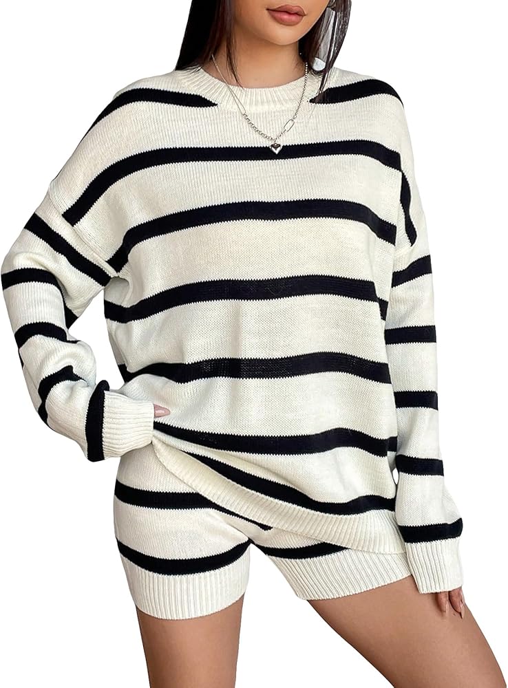 MakeMeChic Women's 2 Piece Outfits Casual Striped Long Sleeve Crew Neck Sweater Tops and Knitted Shorts Sets