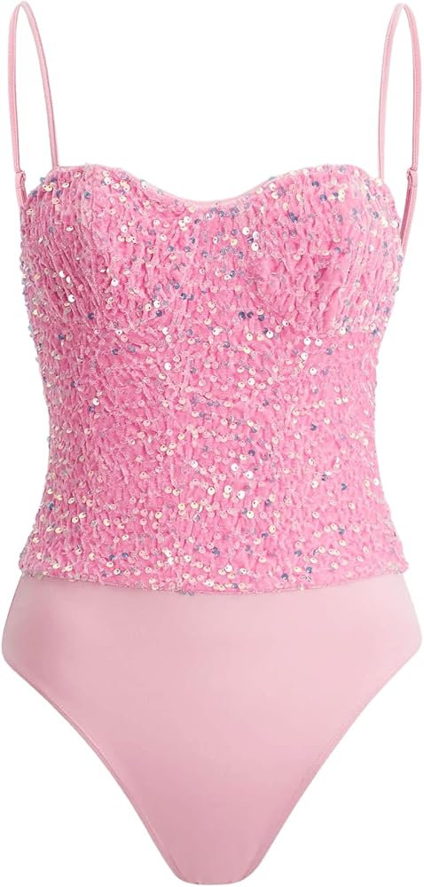 SweatyRocks Women's Spaghetti Strap Glitter Sequins Cami Top Party Slim Fit Bodysuit Leotard