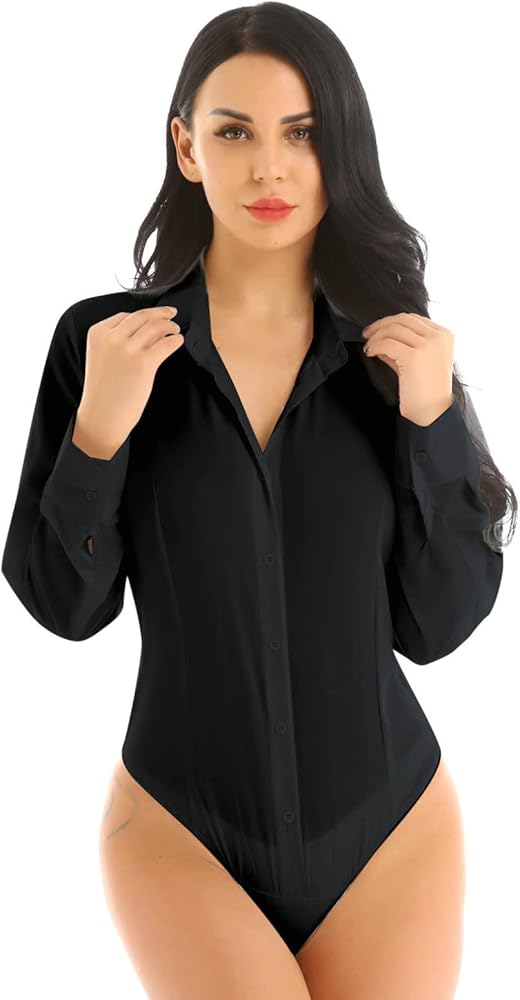 Women's Long Sleeve Button Down Shirts Bodysuit Tops Easy Care Work Office Career Blouse Leotard Top