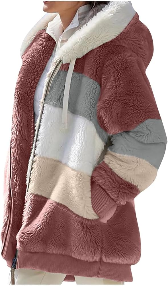 Generic Fleece Jacket Women Full Zip Up Winter Coats 2023 Fashion Plus Size Long Sleeve sherpa Jackets Hooded Sweatshirt Casual Color Block Patchwork Cardigan Outerwear With Pockets(B Red,Small)