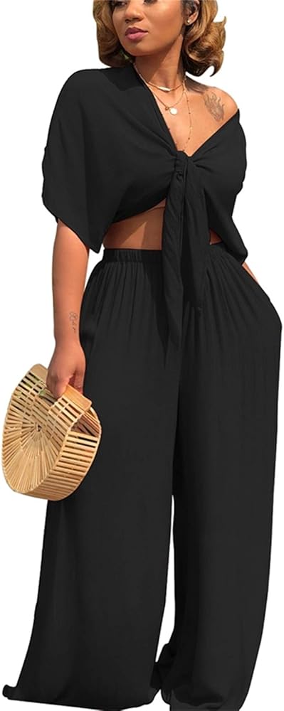 Women's Sexy 2 Piece Outfits V-Neck Crop Top and Wide Leg Long Pants Jumpsuits Set Black