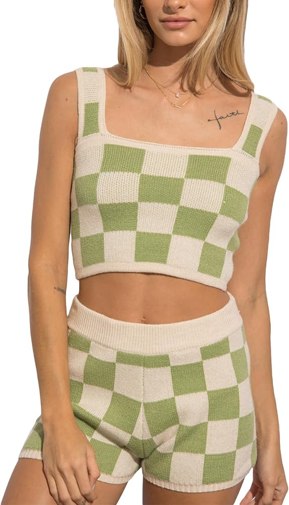 Women’s Two Piece Summer Outfits Sleeveless Checkerboard Knit Tank Tops and Shorts Set Loungewear