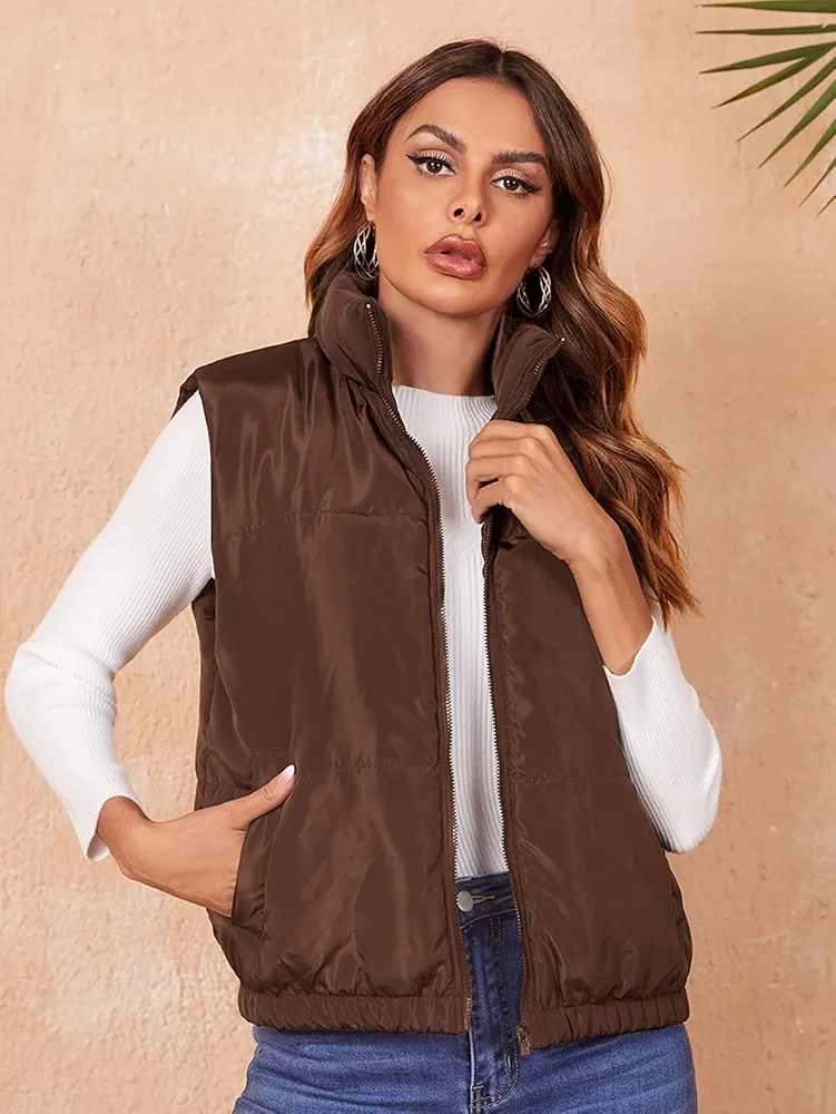 Women's Jackets Zip Up Slant Pocket Puffer Vest Coat Jackets (Color : Coffee Brown, Size : X-Small)