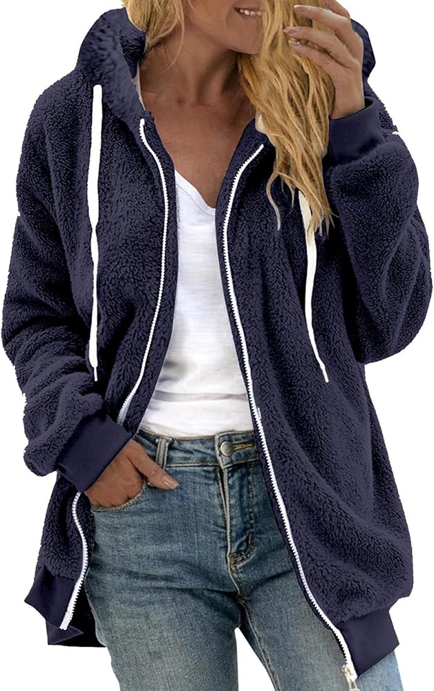 Lastesso Women Basic Solid Fuzzy Fleece Jacket Hooded Soft Casual Size Long Sleeve Flannel Jacket Recreation Sporty Coats