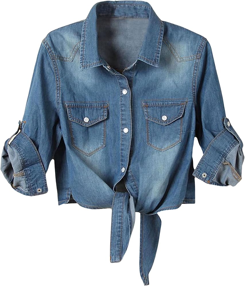 FindThy Women’s Tie Knot Denim Shirt 3/4 Sleeve Lapel Denim Button Down Crop Jacket Cardigan