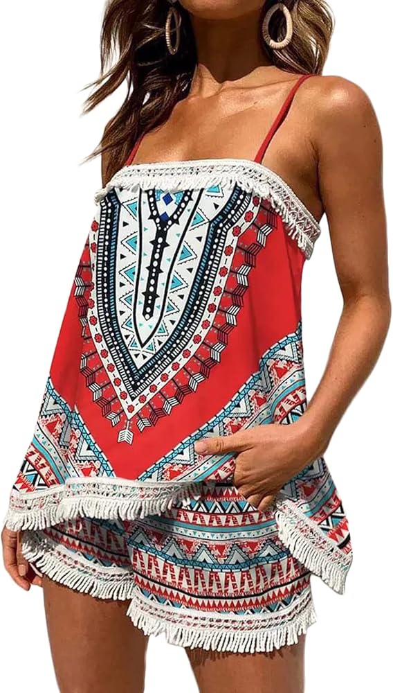 Karwuiio Vintage Two Piece Outfits for Women Sleeveless Print Camisole Crop top Loose High Waisted Shorts Summer Short Set