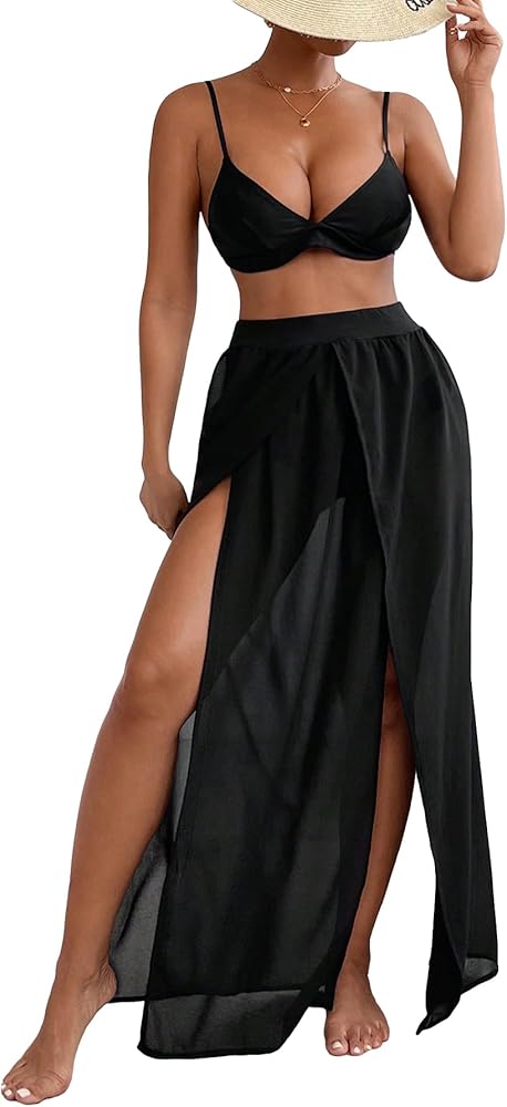 SweatyRocks Women's High Waist Split Thigh Cover Up Skirt Sheer Beach Long Skirt Swimwear