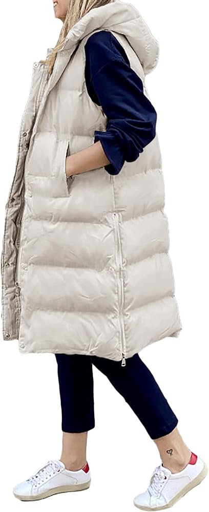 Long Jacket Vest for Women Sleeveless Down Gilet Coat Hooded Waistcoat Longline Quilted Vest Winter Outerwear