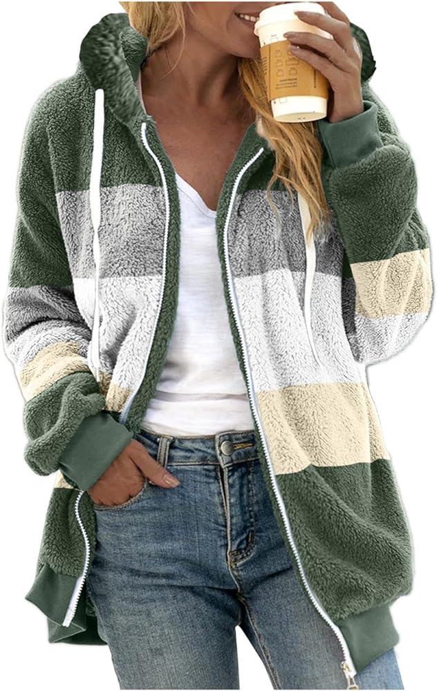 Womens Winter Coat Loose Solid Color Artificial Wool Zipper Drawstring Long-Sleeved Hoodie Sweater Hooded Color