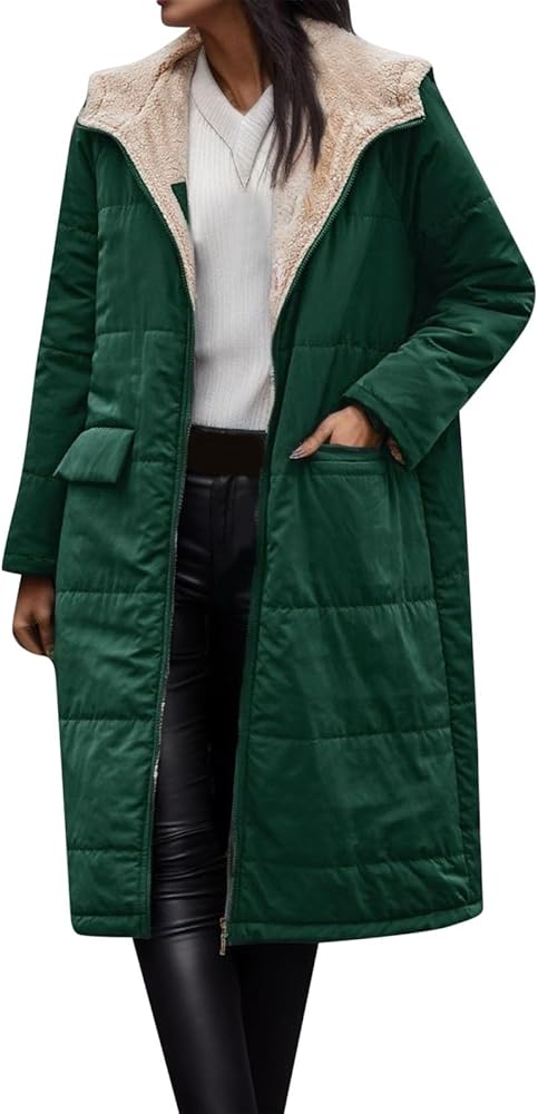 Womens Warm 2023 Winter Coats Reversible Sherpa Fleece Trench Coat Long Fleece Hooded Jackets Trendy Outerwear Overcoat