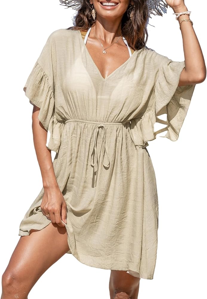 CUPSHE Women 2024 Swimsuit Coverup Casual V Neck Ruffle Sleeve Bikini Cover Ups Tie Waist Beach Dress