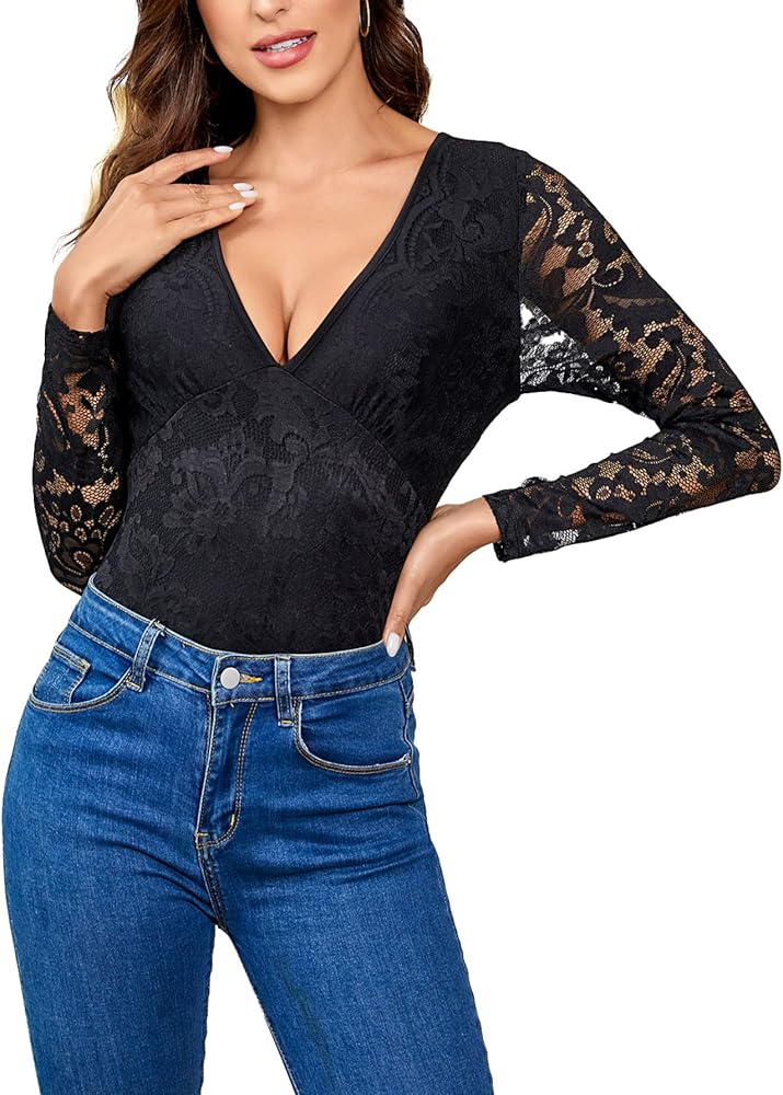 Floerns Women's Solid Deep V Neck Lace Long Sleeve Tee Shirt Bodysuit Tops