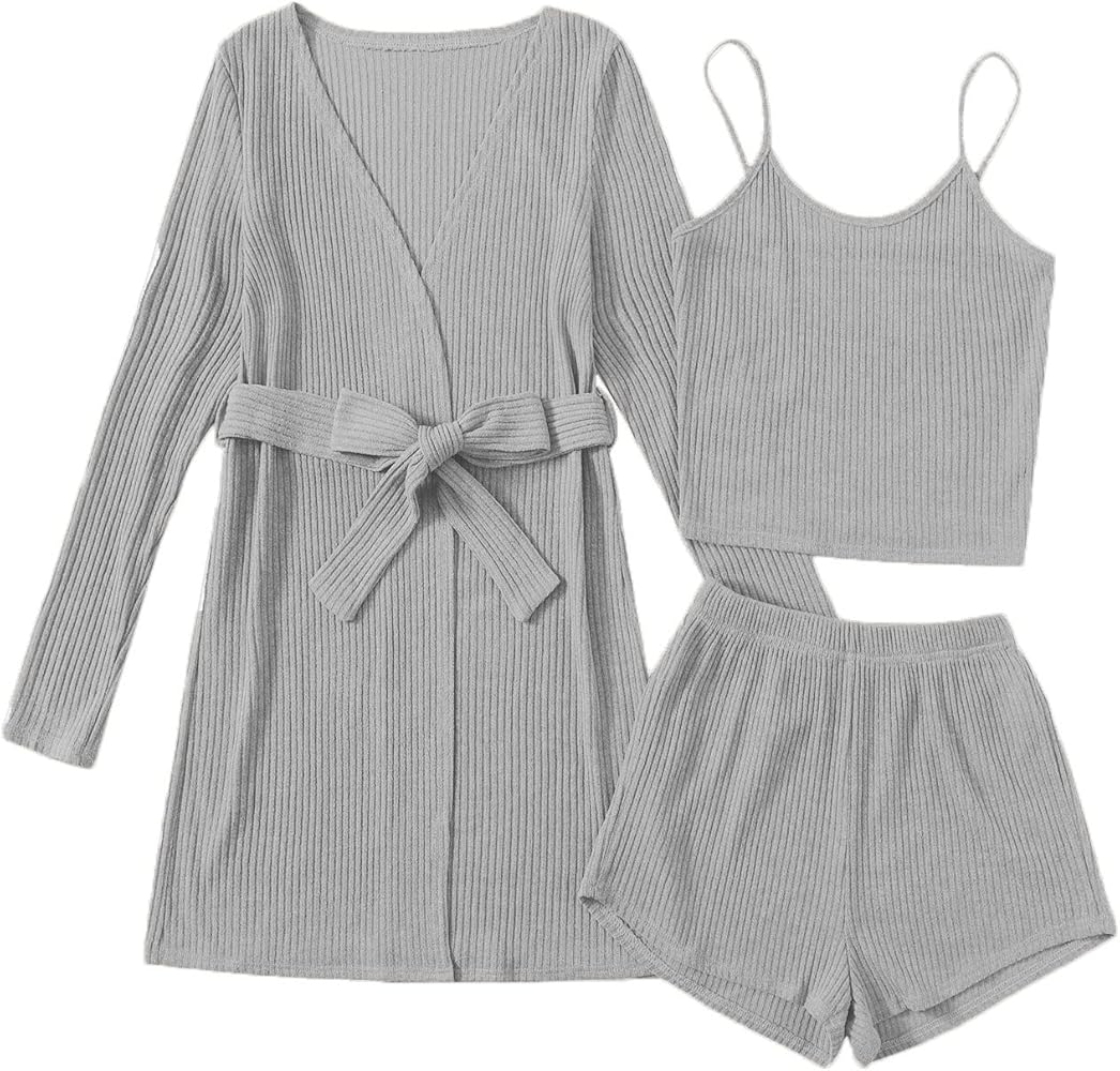 Verdusa Women's 3 Piece Cami Top & Shorts Lounge Sleepwear Pajama Set with Robe